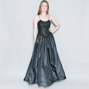 VINTAGE Silk Rose Taft Black Crystal Embellished Gown